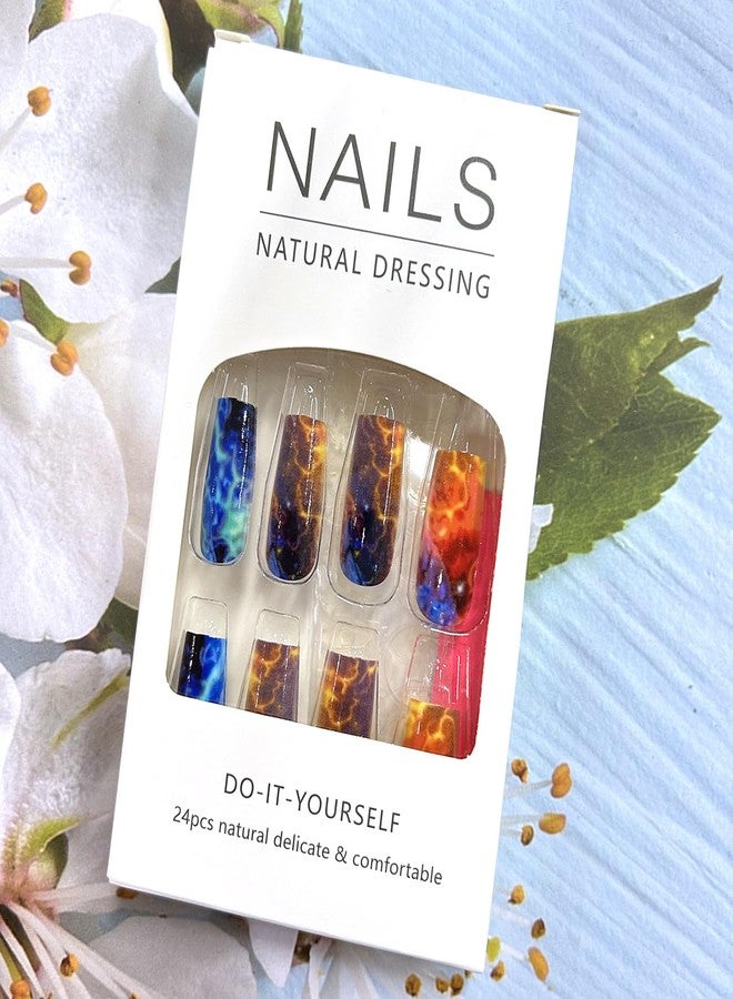 CJDLTS Press On Medium Square Aurora Red and Blue Lightning Design Nails - Full Cover Artificial Acrylic Coffin Nails - Reusable Glue On DIY Stick On for Women - 24Pcs - Image 5